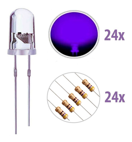 Imagem 1 de 6 de 24 X Led Ultravioleta Uv 5mm Alto Brilho + Resistor 470 12v