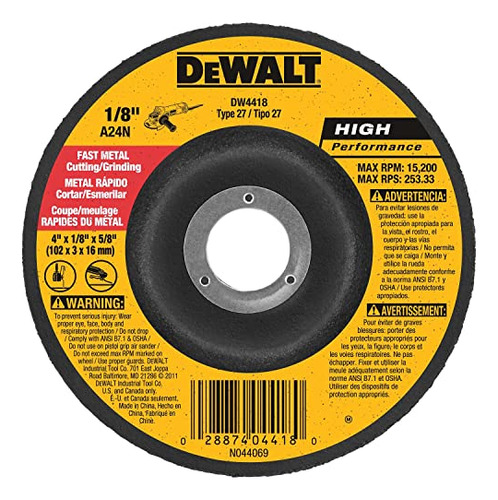 Disco De Corte De Metal Dewalt, 4 Pulgadas X 1/8 Pulgadas X