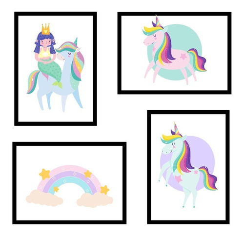 Set 4 Cuadros Decorativos Diseño Unicornio Niña Princesa