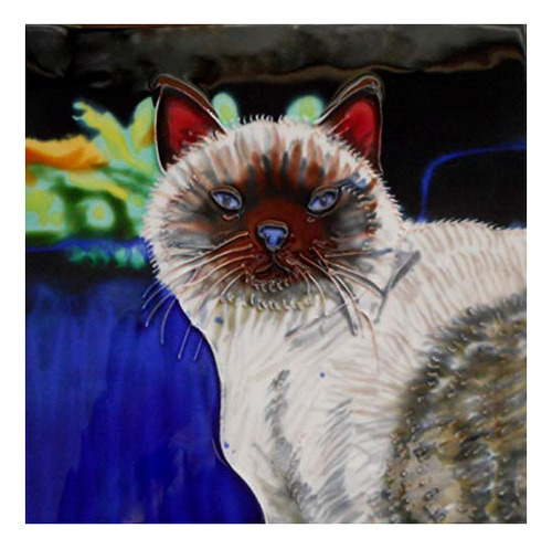 Azulejo De Arte Cerámico De Gato Siamés Con Respaldo De Ca