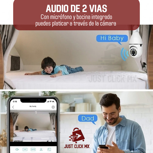 Cámara De Seguridad Wifi Foco Giratorio Visión Nocturna Full HD JustClick MX