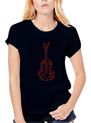 Imagen 3 de 5 de Remera Negra Guitarra Música Mujer Hombre Algodón Peinado