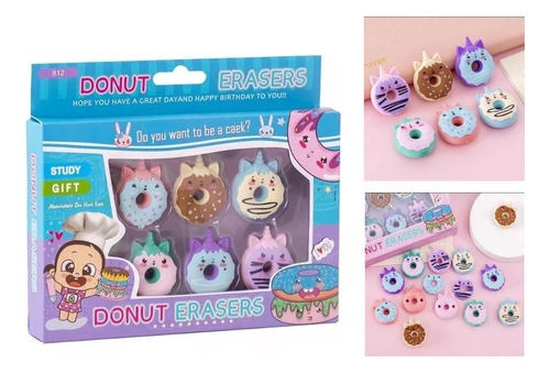 6 Mini Borrachas Donuts Desmontável Kawaii Papelaria Fofa Cor Coloridos