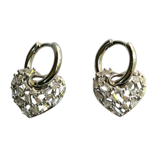 Aretes Huggies Corazón Plateado Brillantes Acero Inoxidable