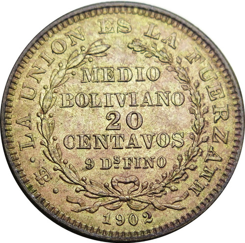 .: Bolivia Ensayo 20 Centavos 1902 Mm Reverso Moneda  :.