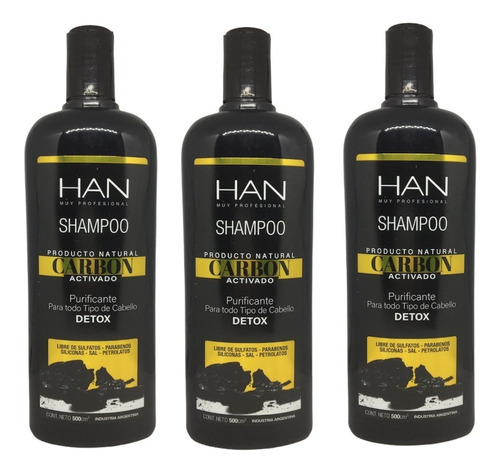 Shampoo Detox Han Carbón Activado 3 Unidades X 500ml
