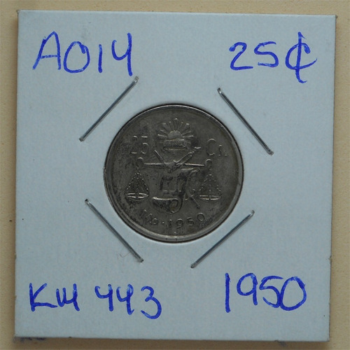 Moneda México 25 Centavos 1950 Plata Ley 0.300 A014