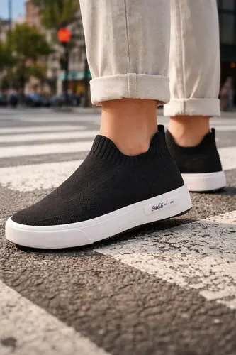 Close-up dos pés de uma pessoa usando um tênis Coca-Cola preto slip on com sola branca, em uma faixa de pedestres.