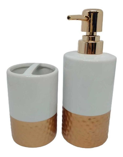 Kit Banheiro Lavabo Em Cerâmica Branco E Dourado 2 Peças