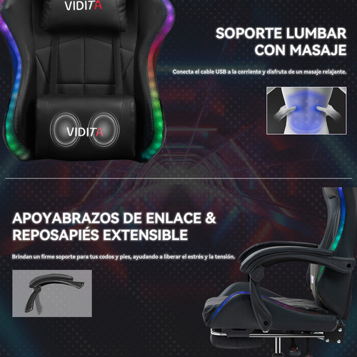 Silla Gamer Rgb Knight800 Reclinable Con Masajeasdor Reposapiés Vidita Silla Gaming PC Videojuego Cuero Sintético Color Negro