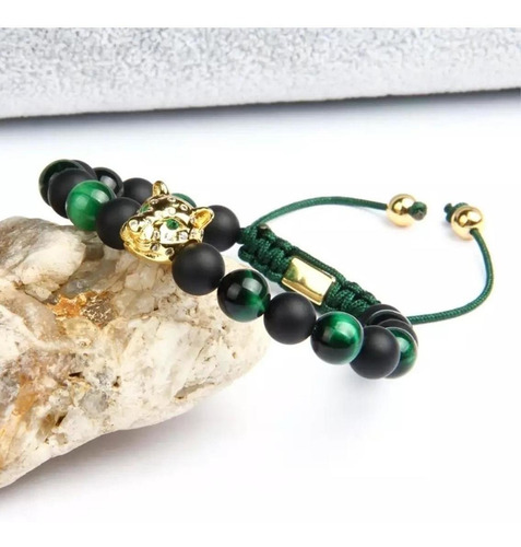 Pulsera Hombre Leopardo Natural Onix Mate Ojo De Tigre Verde Diámetro 7 cm Largo 18 cm
