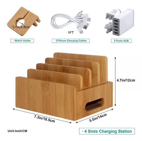 Estación de carga de escritorio multidispositivo de madera de bambú soporte  de carga compatible con iPhone