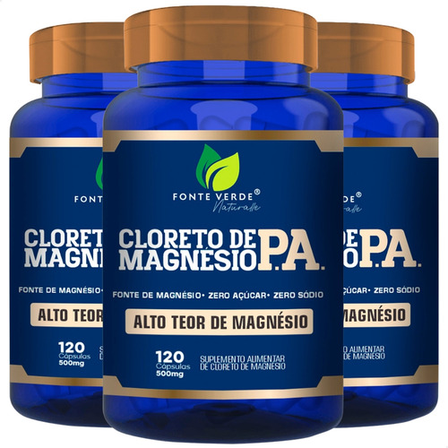 3 Potes Cloreto De Magnésio P.a. Puro - Kit 360 Cáps Sabor Sem Sabor