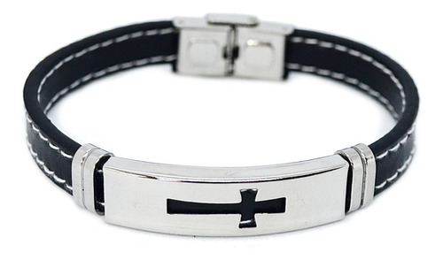 Pulsera Simil Cuero Negro Acero Quir Cruz Calada Hombre