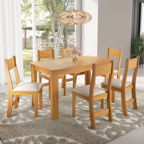 Conjunto Mesa 136cm E 6 Cadeira Gaia Viero Cor Mel/veludo Pastel Desenho Do Tecido Das Cadeiras Liso