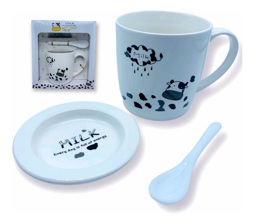 Taza Mug Ceramica Jarro 360ml Kit Plato Cuchara Cafe Te 