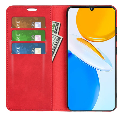 Funda De Piel Con Ventosa Magnética Roja Para Honor X7
