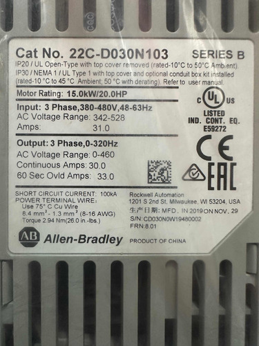 Inversor De Frequência 20cv 380v 22c-d030n103 Allen Bradley