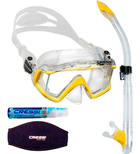 Kit De Mergulho Cressi Pano 3+snorkel Tao+anti Fog+strap Cor Transparente/amarelo