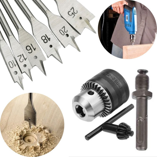 Kit Mandril + Adaptador Sds Plus + Kit Brocas Chatas Madeira