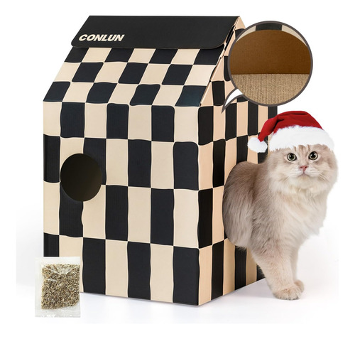 Casa De Cartón Para Gatos, Resistente, Con Rascador Y Catnip