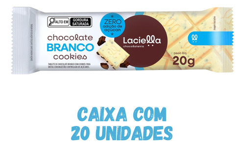 20 Tabletes Chocolate Branco Cookie 20g Zero Adição Açúcar