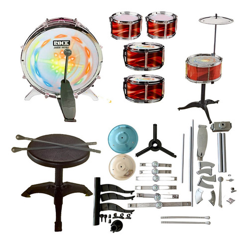 Mini Bateria Infantil Crianças 6 Tambores 1 Prato Musical Cor Vermelho