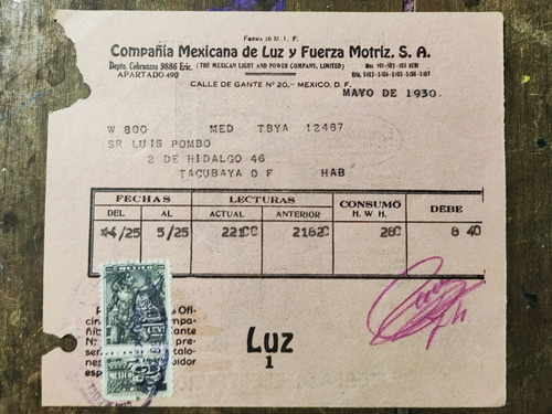 Documento Recibo De Luz Antiguo De Compañia Mexicana 1930