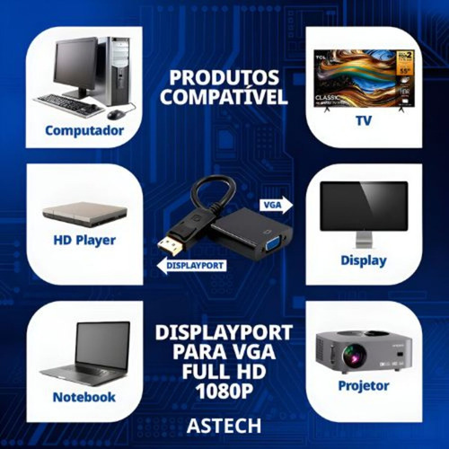 Cabo Adaptador Displayport para VGA Conversor de Vídeo - Conecta Monitores E Projetores - Suporta Resolução De 1920 X 1080 - Pc Notebook Tv Televisão Plug & Play Marca ASTECH.