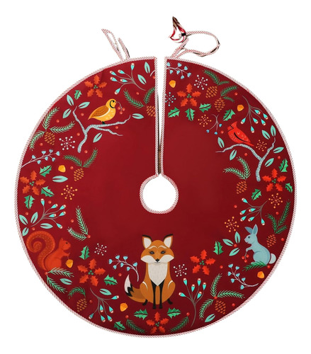 Falda De Arbol Navidad Animales Del Bosque Roja Rustica Multicolor