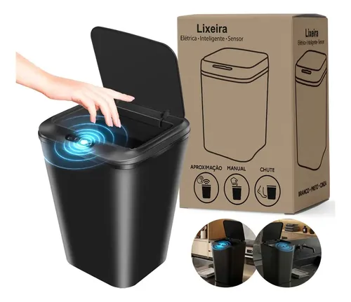 Lixeira Inteligente 16 Litros Com Sensor Automático Recarregável Usb Tampa Touchless Anti Odor Ideal Para Banheiro Cozinha Escritório Cor Preto