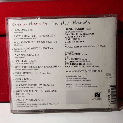 Gene Harris In His Hands Cd Concord Jazz 1a Edic. Usa 1997 (Usado)
