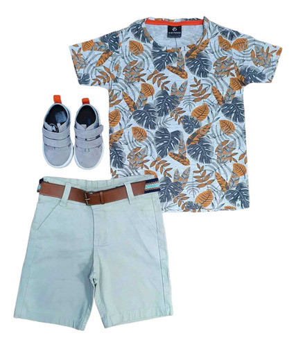 Conjunto Verão Camiseta Folhas Bermuda Infantil Menino Roupa