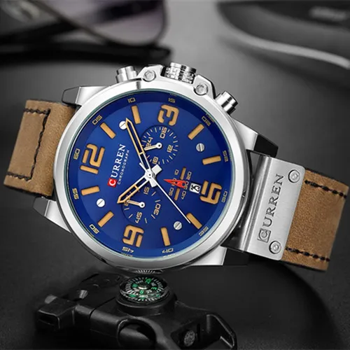 Reloj De Cuero De Lujo Curren Para Hombre Chronograph 8314 Color Del Bisel Blanco/azul