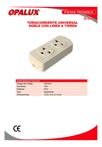 Tomacorriente Doble Universal 2 Polos Con Línea Tierra U-29