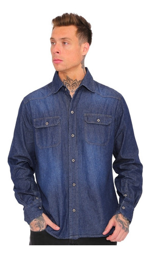 Camisa Jeans Básica Masculina Com Botão Manga Longa E Bolso