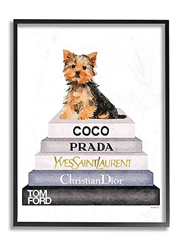 Stupell Industries Book Stack Yorkie Dog Glam Moda Acuarela  (Reacondicionado)