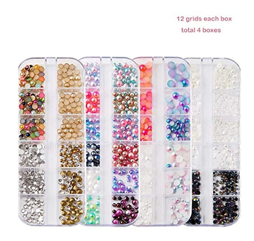 4 Cajas De Joyas De Uñas Perlas De Uñas Rhinestones Espalda