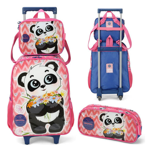 Mochila Infantil Rodinhas Up4you Panda Lancheira Estojo Rosa