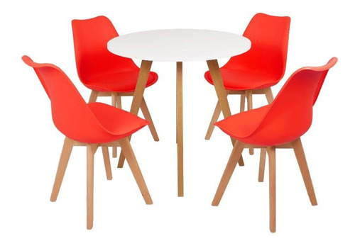 Mesa Inês 80cm Branca + 4 Cadeiras Leda Cor Vermelha