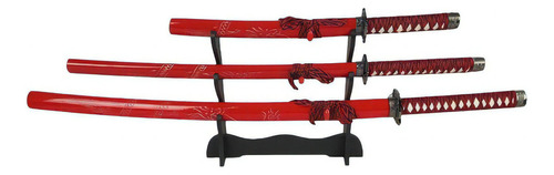 Kit 3 Espadas Samurai Katana Red Dragon Com Suporte De Mesa