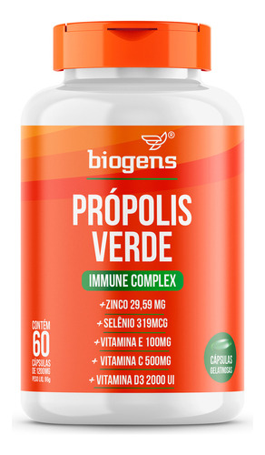 Própolis Verde Alecrim, Immune Complex, Vitaminas C, D3, E, Selênio, Zinco, 60 Cápsulas, Biogens