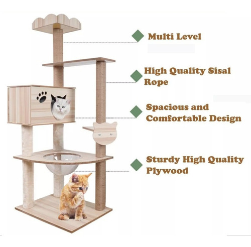 Imagen 2 de 6 de Rascador Gatos Tipo Torre 158 Cm Madera Casa Terciopelo