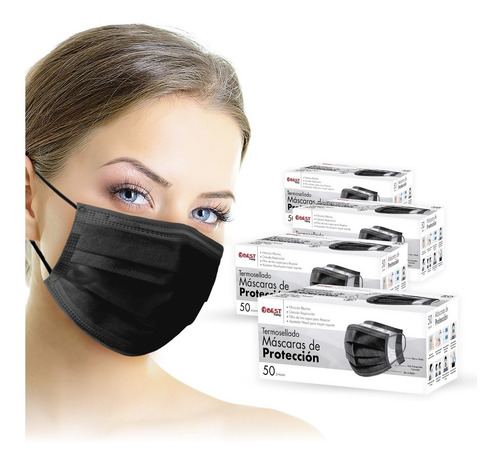 Cubrebocas Tapabocas Termosellado Negro 200 Piezas Plisado