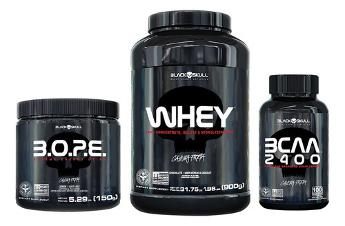 Kit Whey + Pré-treino Bope + Bcaa Black Skull Sabor Baunilha e limão