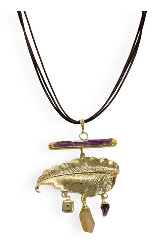 Collar Laminado Oro22k Dije Hoja Con Piedras Estambul Joya Color Marrón