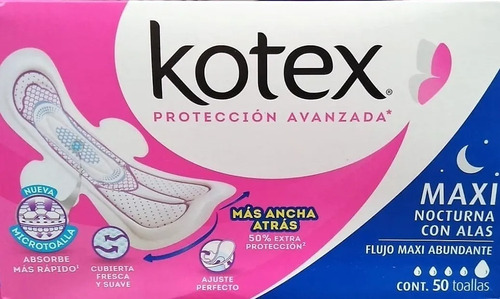 Toallas Femeninas Kotex Maxi Nocturnas 50 Piezas 