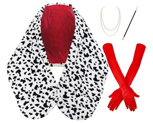 Traje Feminino Cruella Deville, Xale Dalmation, Estola Falsa