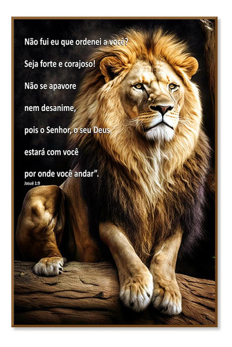 Quadro Decorativo Leão Com Versículo Bíblico Josué 1:9 60x90
