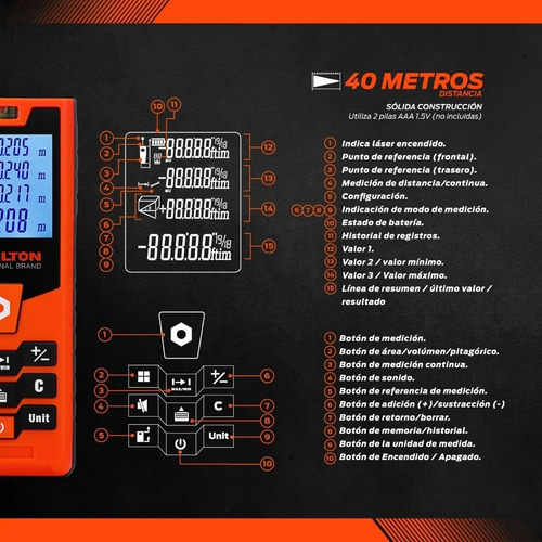 Medidor De Distancia Laser Profesional 40 Metros Pantalla Lcd Hamilton Md40